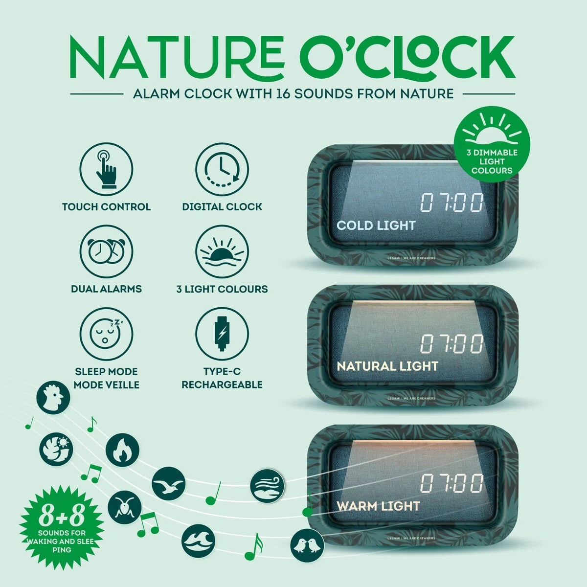 Legami - Reloj despertador de sonidos de la naturaleza