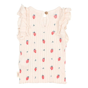 Búho - Top de algodón orgánico con fresas en relieve | Rosa lichi