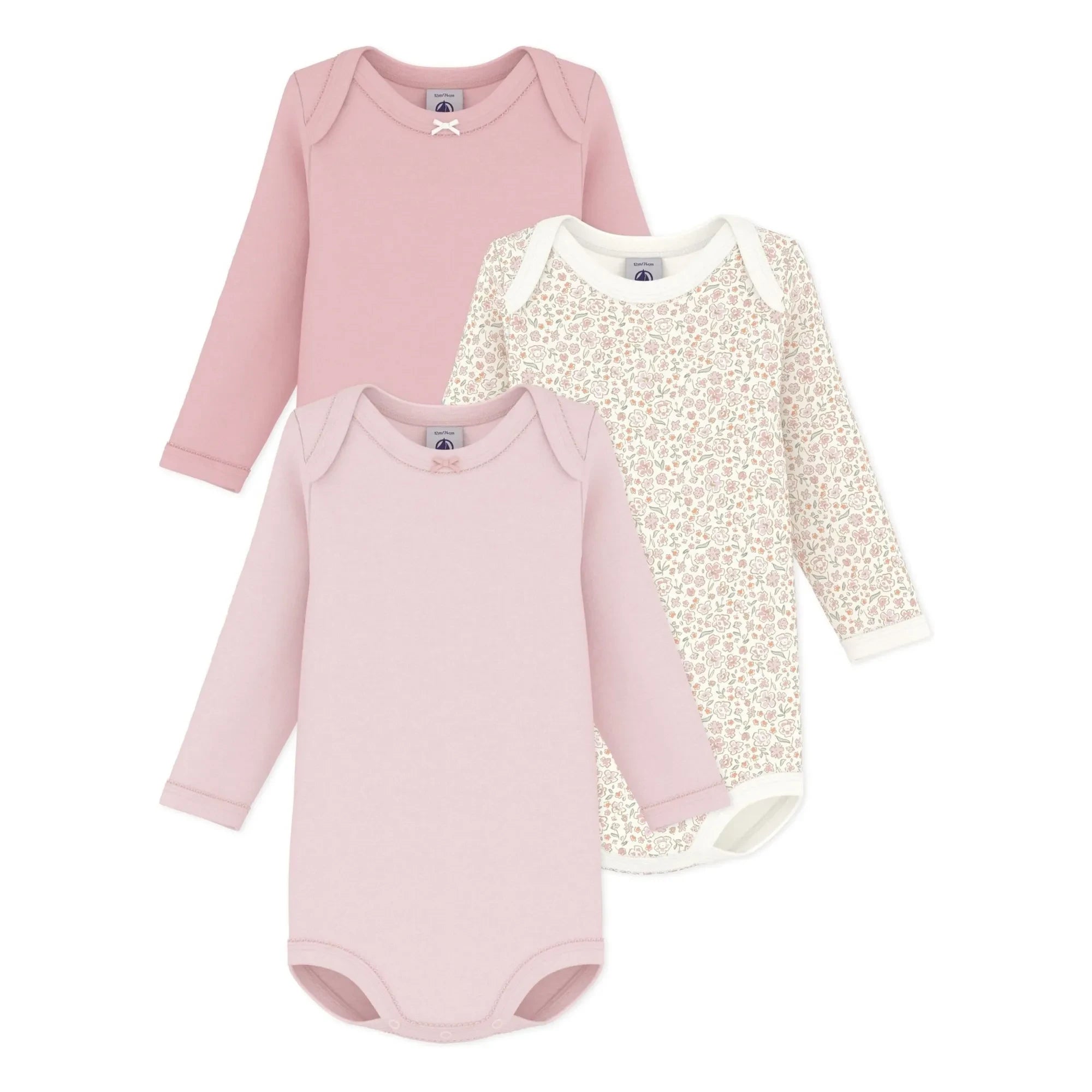Petit Bateau - Conjunto de 3 Bodys de Algodón Orgánico con Estampado Floral Anudado | Rosa