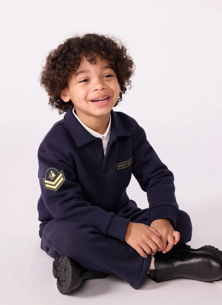 Petit Bateau - Sudadera con cuello tipo polo con escudo | Azul marino