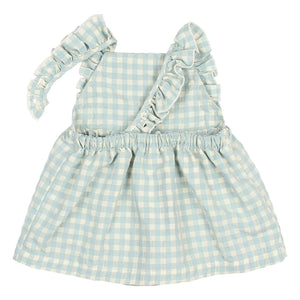 Búho - Vestido enterito de algodón orgánico seersucker con volantes a cuadros | Aqua
