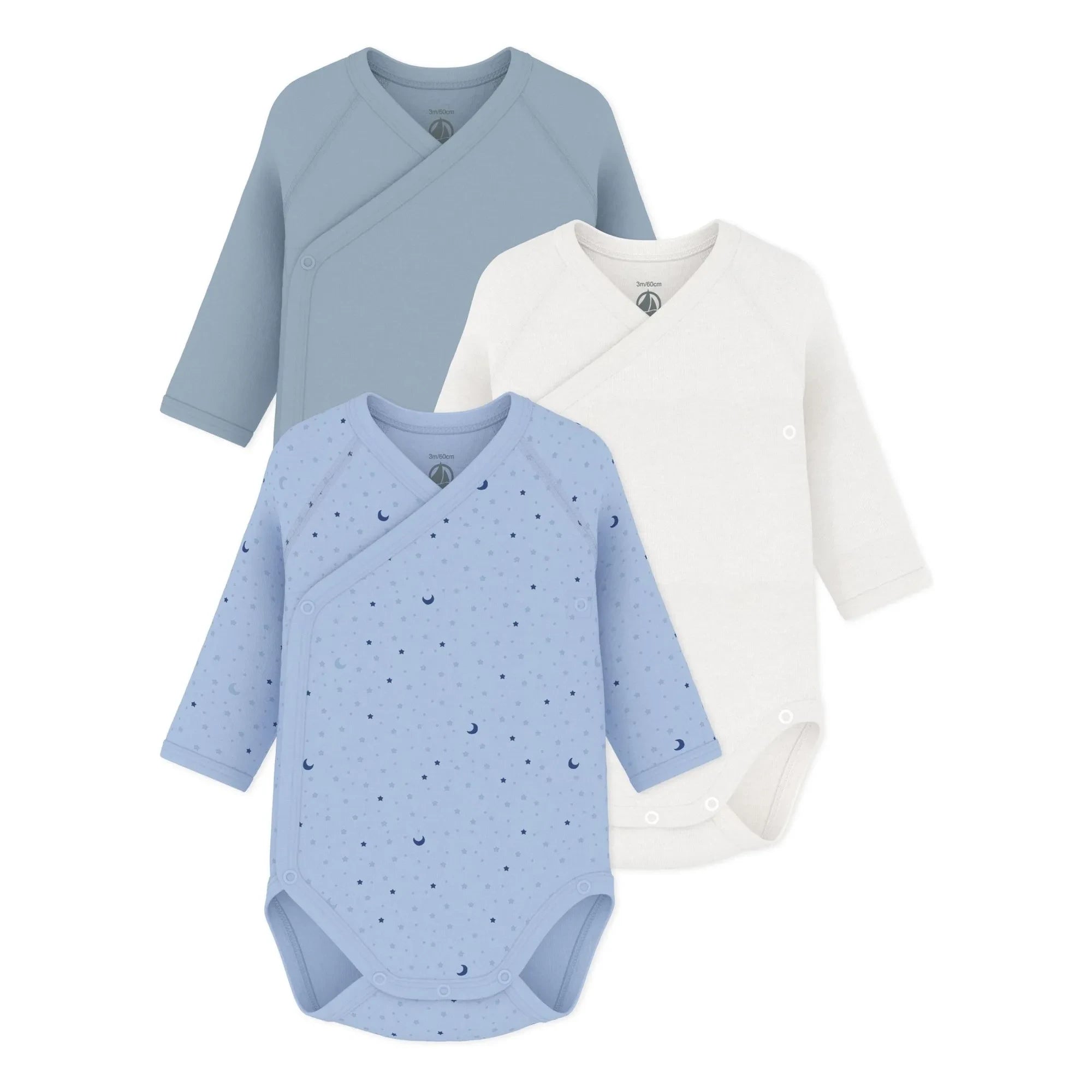 Petit Bateau - Conjunto de 3 bodys de algodón orgánico con estampado de estrellas | Azul