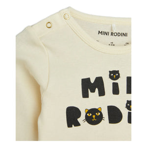 Mini Rodini - Set de body, pantalón jogger y gorro de algodón orgánico con gato | Crudo