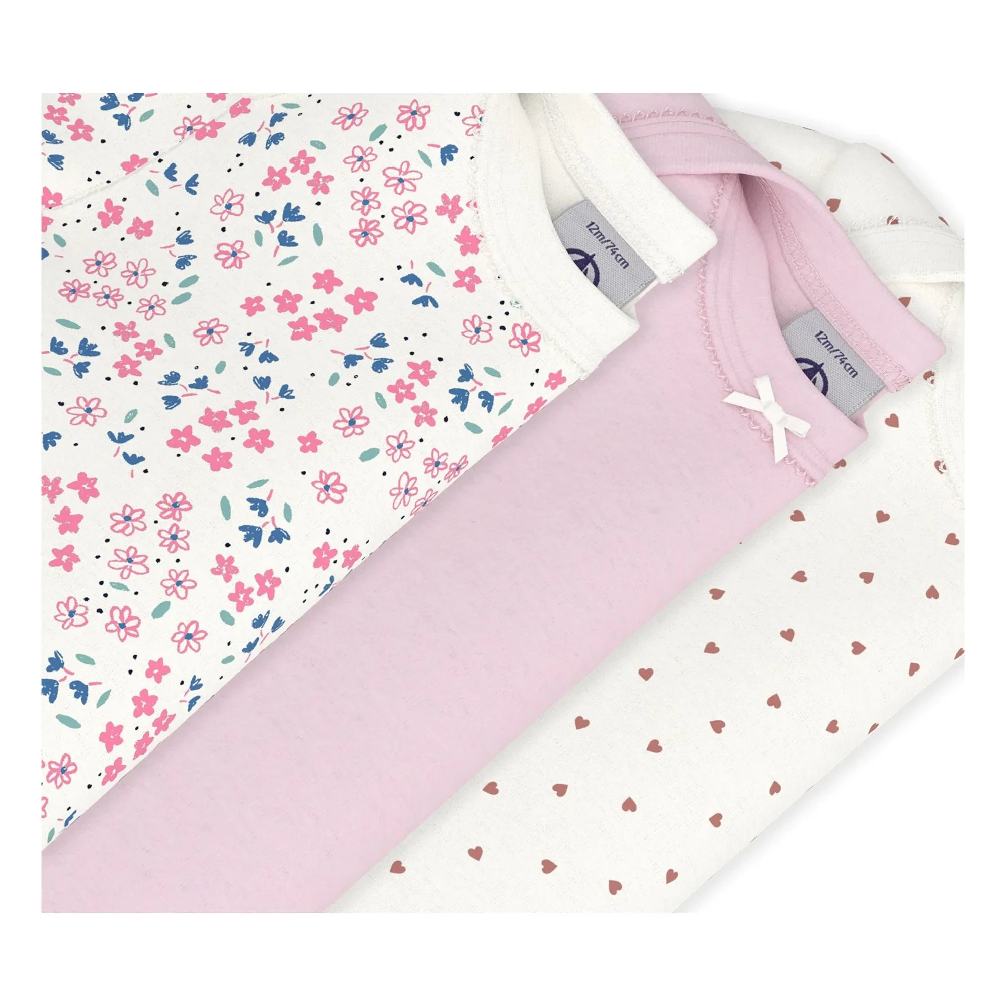 Petit Bateau - Conjunto de 3 peleles de algodón orgánico con estampado floral de corazones | Blanco