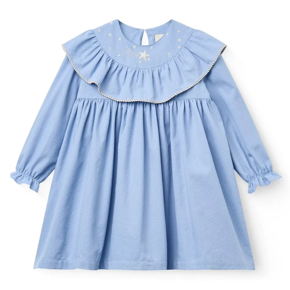 Copenhagen Colors - Vestido de algodón orgánico con volantes y bordado de estrellas | Azul claro