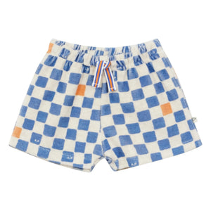 Arsène et Les Pipelettes - Pantalón corto de felpa de algodón orgánico Damier | Azul celeste