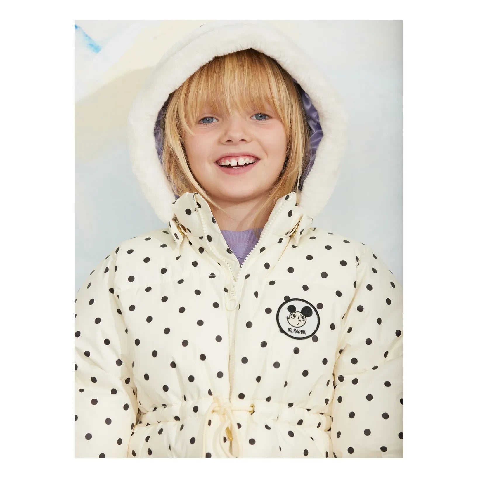 Mini Rodini - Chaqueta acolchada con capucha de piel sintética con lunares, fibra reciclada | Crudo