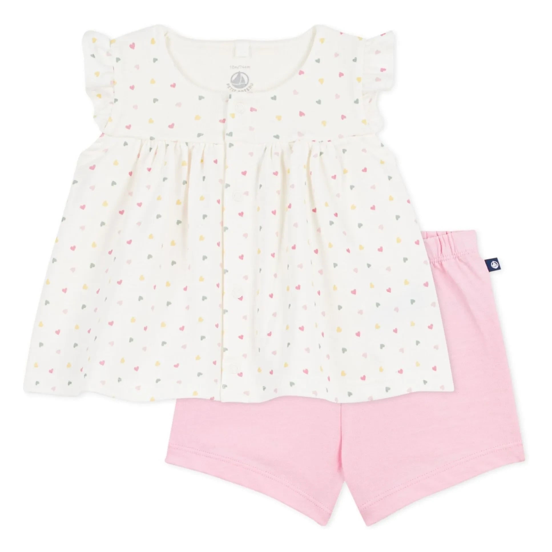 Petit Bateau - Conjunto de camiseta y pantalón corto de algodón orgánico con corazones | Blanco