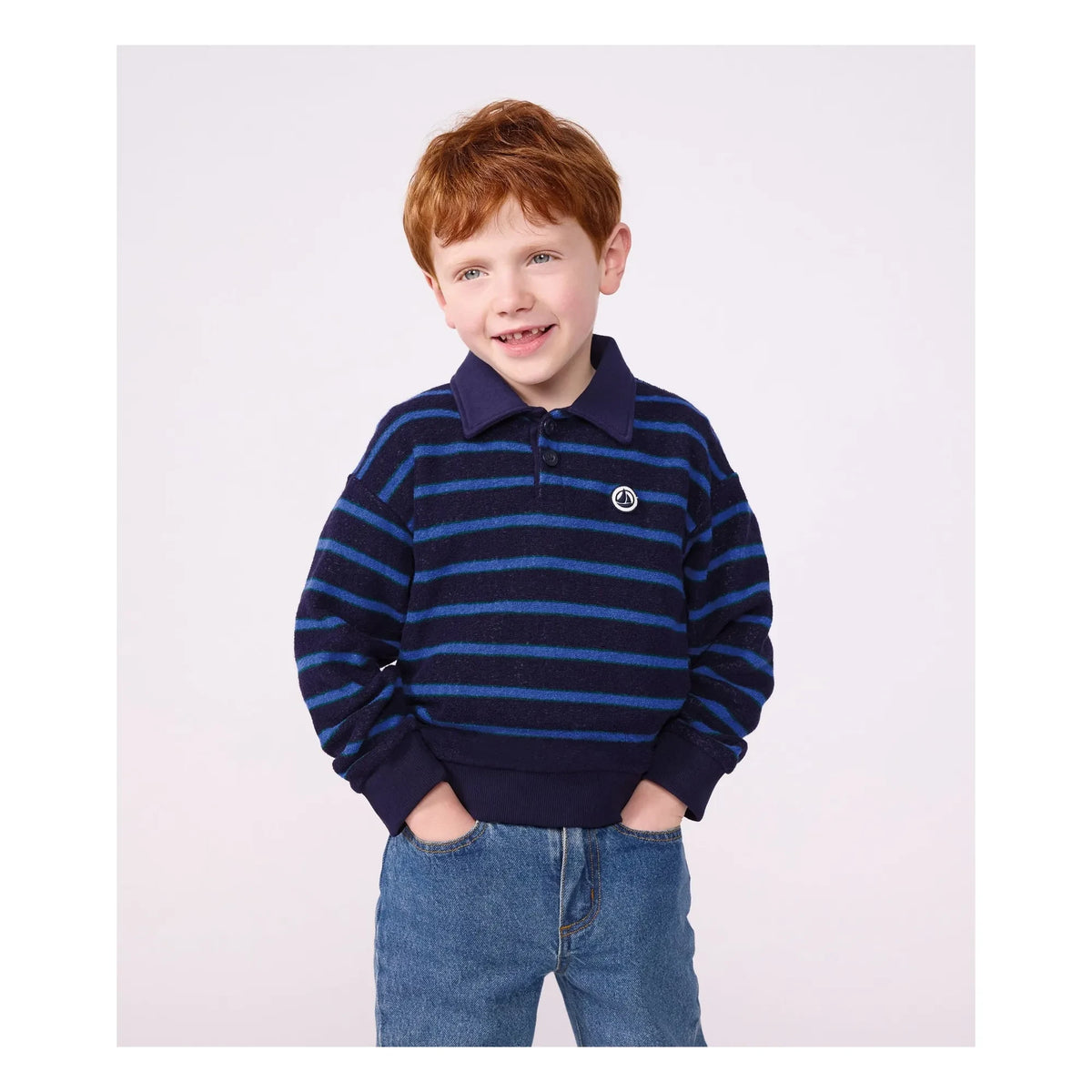 Petit Bateau - Sudadera de rayas con cuello polo de modal | Azul