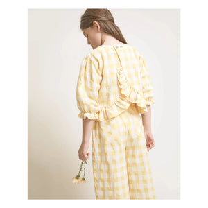 Búho - Blusa de seersucker de cuadros vichy de 3/4 | Amarillo