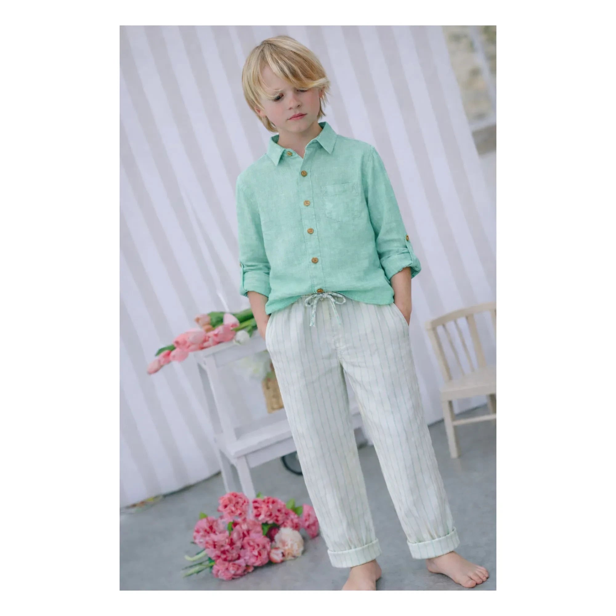 Lililotte - Pantalones Gabardina Algodón Orgánico a Rayas Paul | Verde Menta