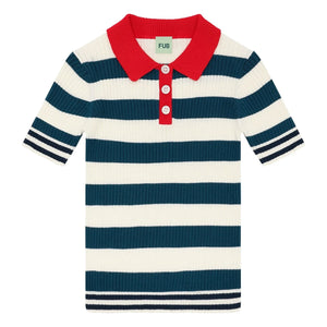 FUB - Polo acanalado a rayas de punto fino de algodón orgánico | Azul marino