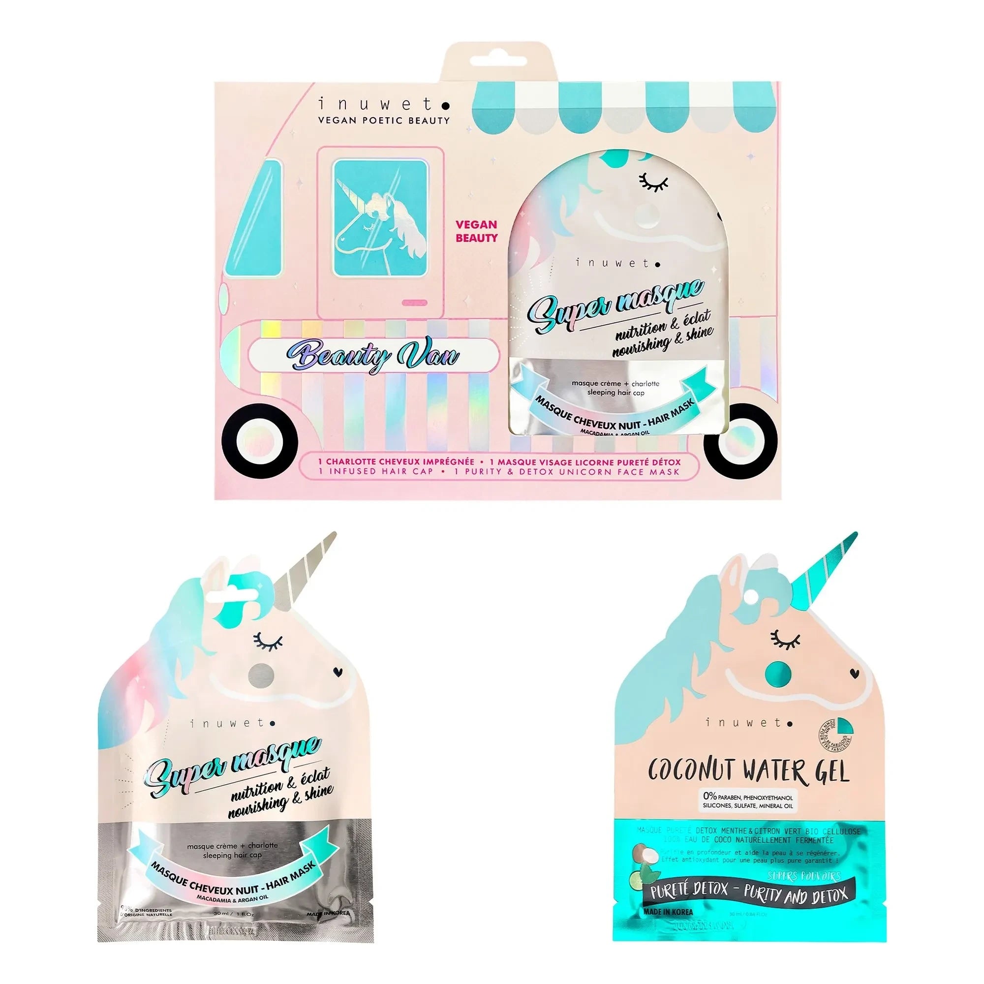 Inuwet - Juego de mascarillas capilares y faciales de unicornio Beauty Van