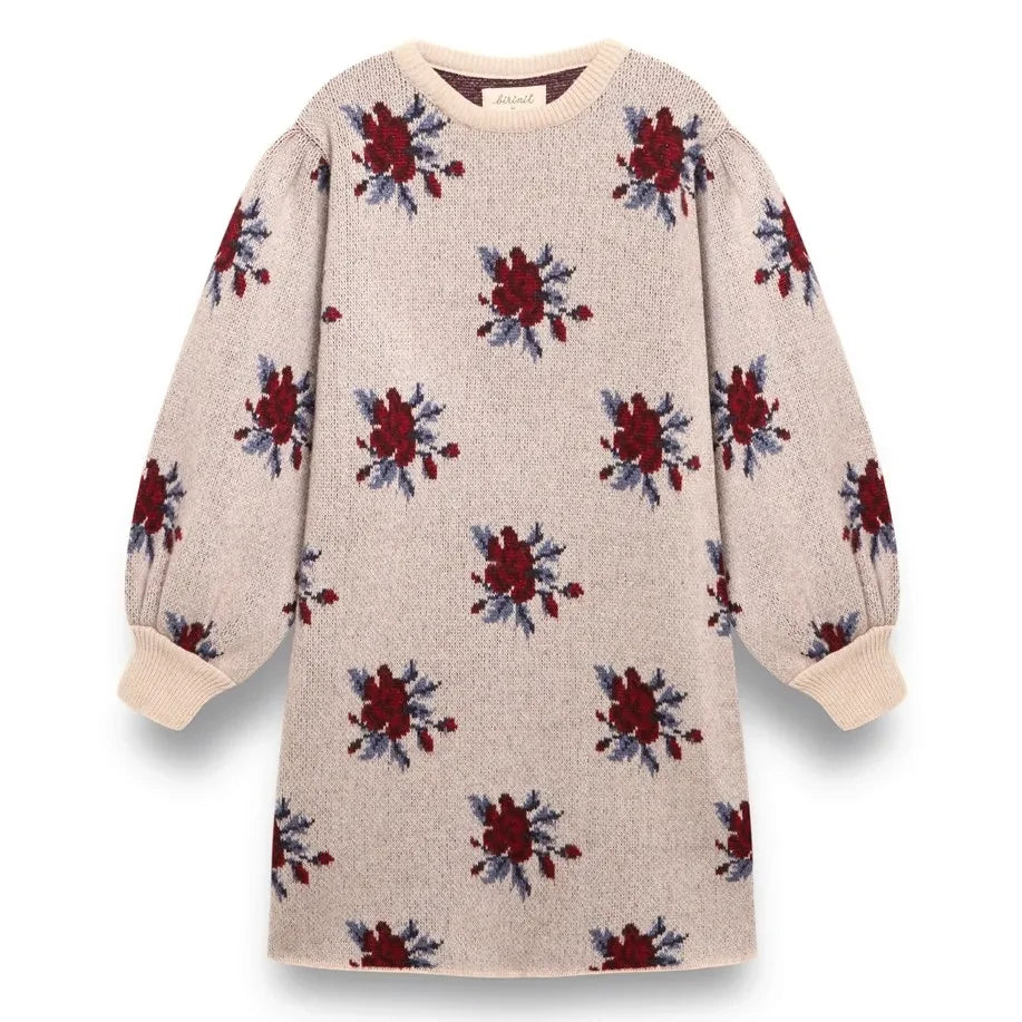birinit - Vestido de lana merina Colette con estampado floral | Marfil