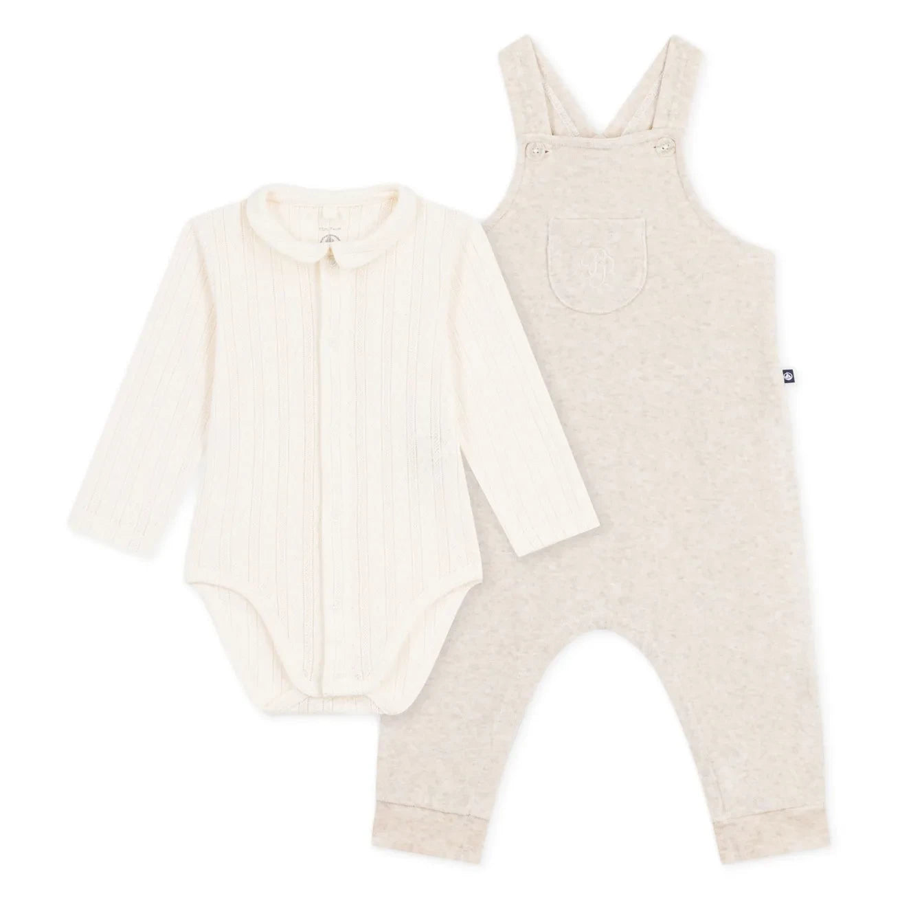 Petit Bateau - Conjunto de body de terciopelo de algodón orgánico y peto | Beige