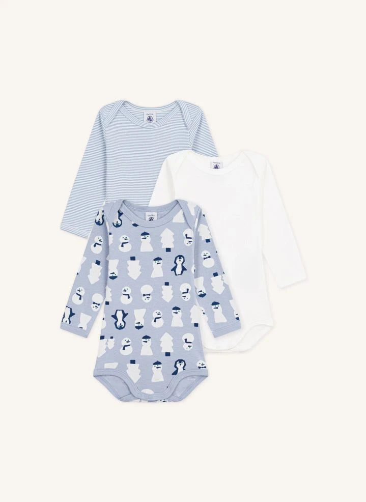 Petit Bateau - Set de 3 bodies de algodón orgánico con muñeco de nieve | Gris azul