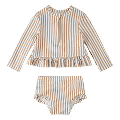 Petit Lem - Conjunto de camiseta y braguita seersucker de rayas con protección UV, fibras recicladas | Beige