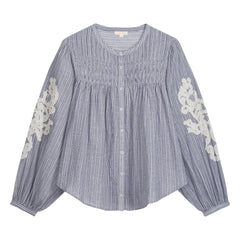Louise Misha - Blusa Jally a Rayas de Algodón Orgánico | Azul