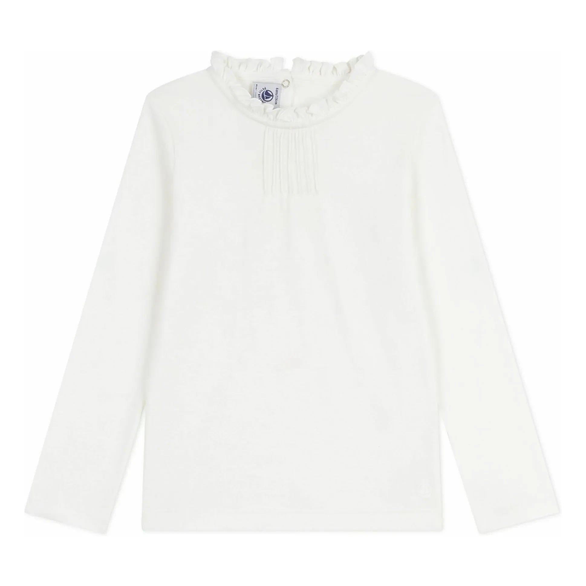 Petit Bateau - Camiseta lisa de algodón orgánico, cuello con volantes | Blanco