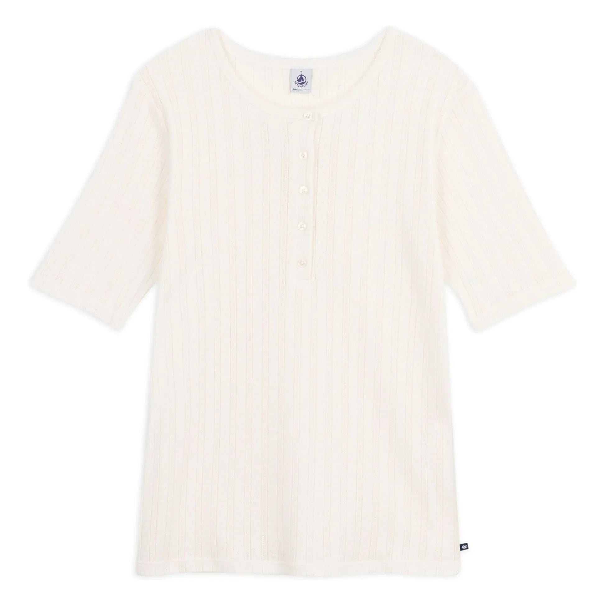 Petit Bateau - Camiseta con cuello tunecino de punto calado | Crudo