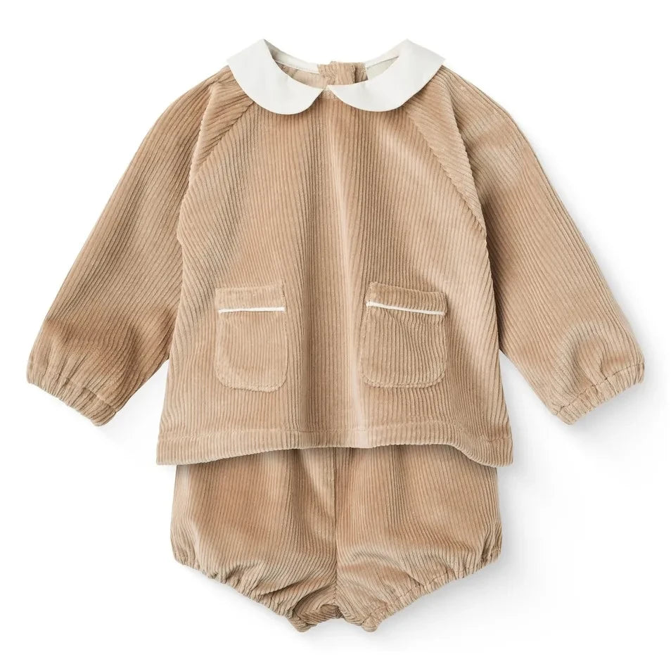 Copenhagen Colors - Conjunto de blusa y peto de pana de algodón orgánico con bolsillo | Beige