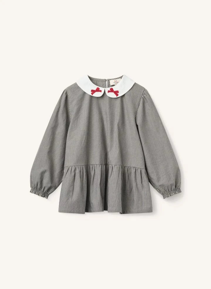 Copenhagen Colors - Blusa a cuadros de algodón orgánico con cuello Peter Pan bordado | Gris
