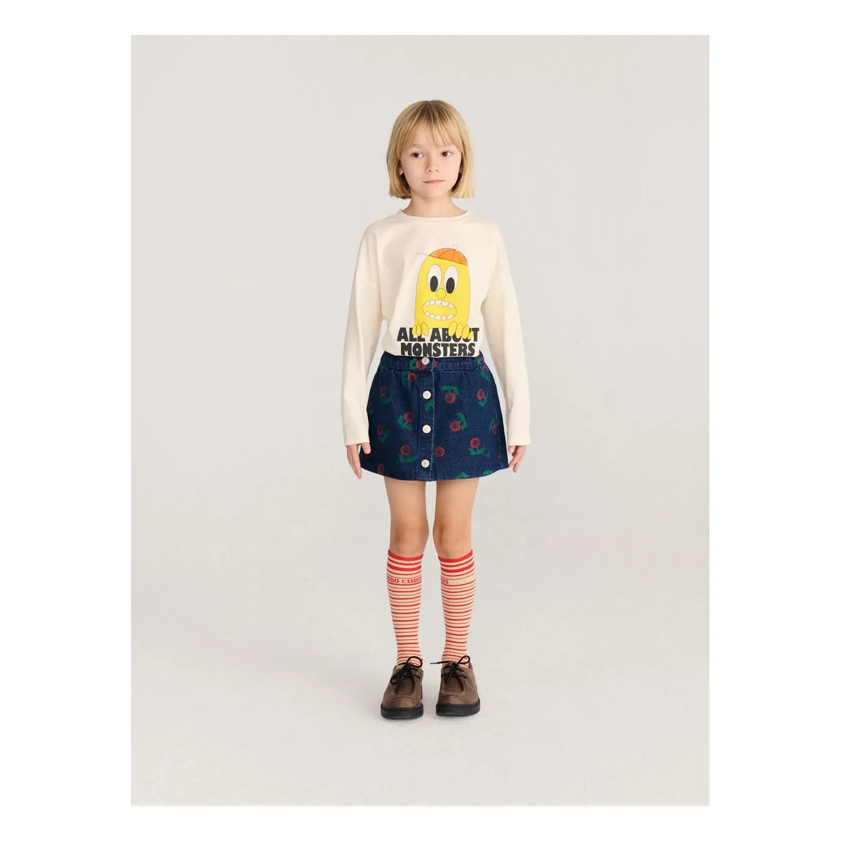 Bobo Choses - Falda de denim de algodón orgánico con estampado floral | Azul marino