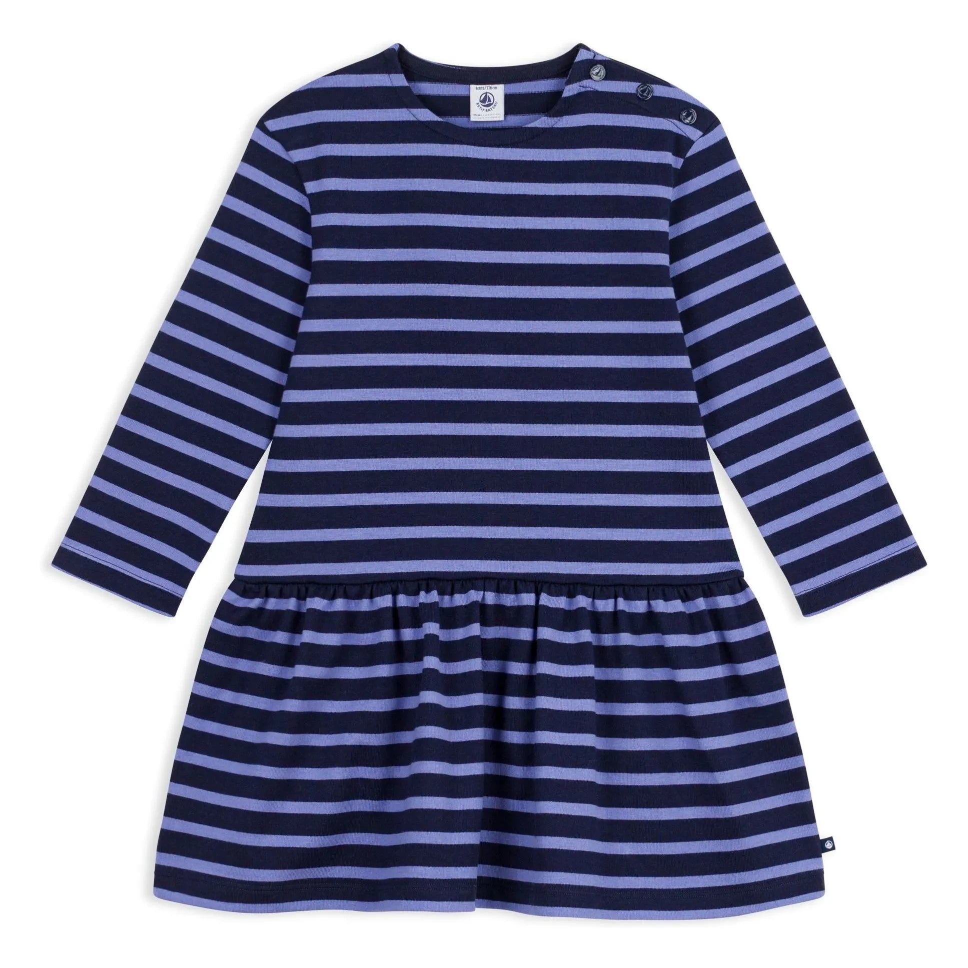 Petit Bateau - Vestido de algodón orgánico a rayas de manga larga | Azul