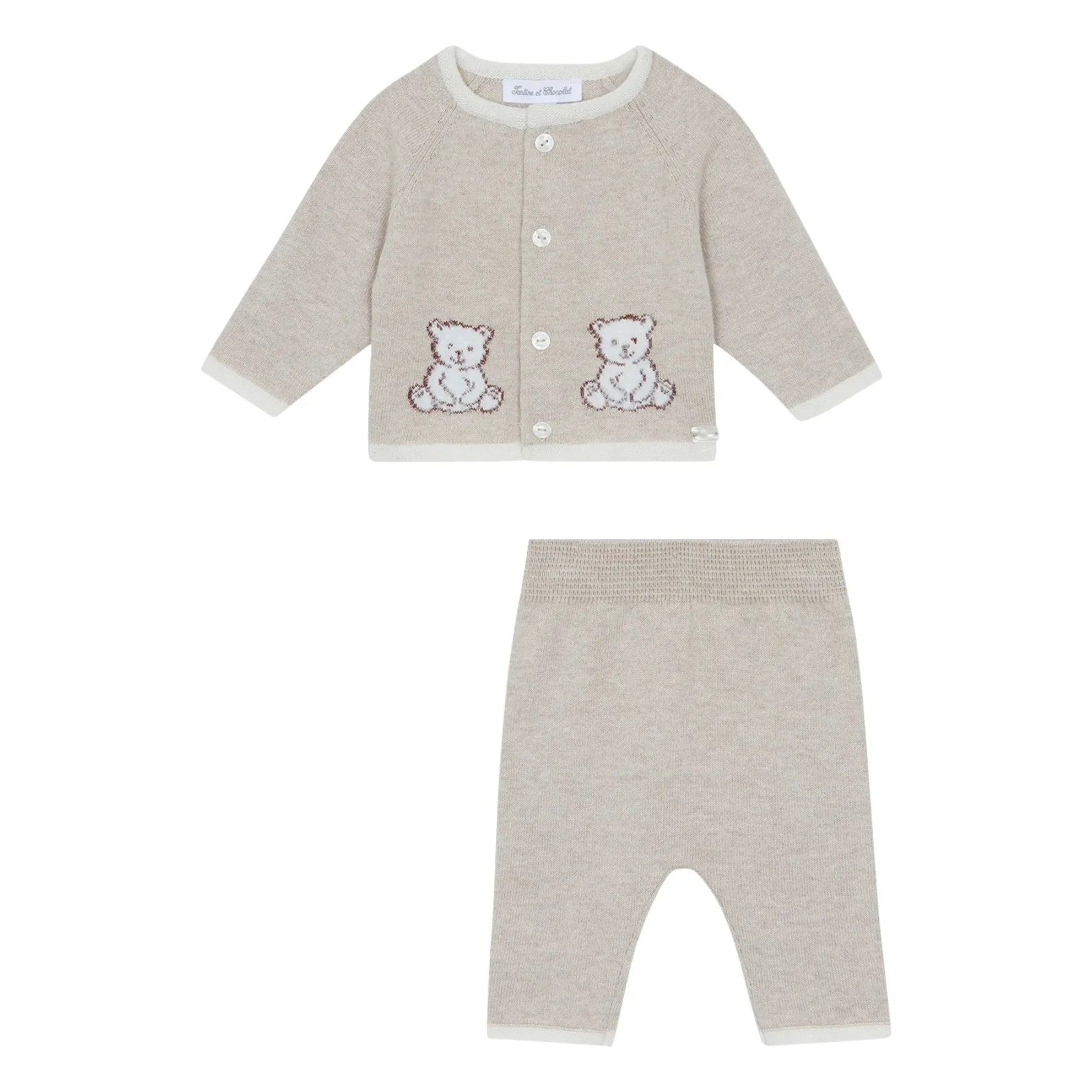 Tartine et Chocolat - Conjunto de cárdigan y pantalón de punto con osito de peluche | Beige brezo