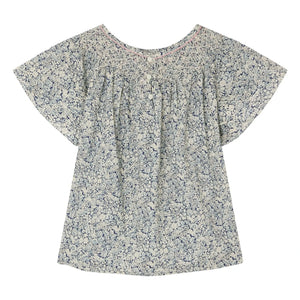 Bonpoint - Blusa Nella Fleurie de algodón orgánico con fruncido | Azul Prusia