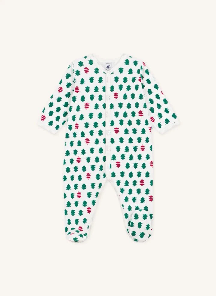 Petit Bateau - Pijama de terciopelo de algodón orgánico con pies, motivo de abeto | Blanco