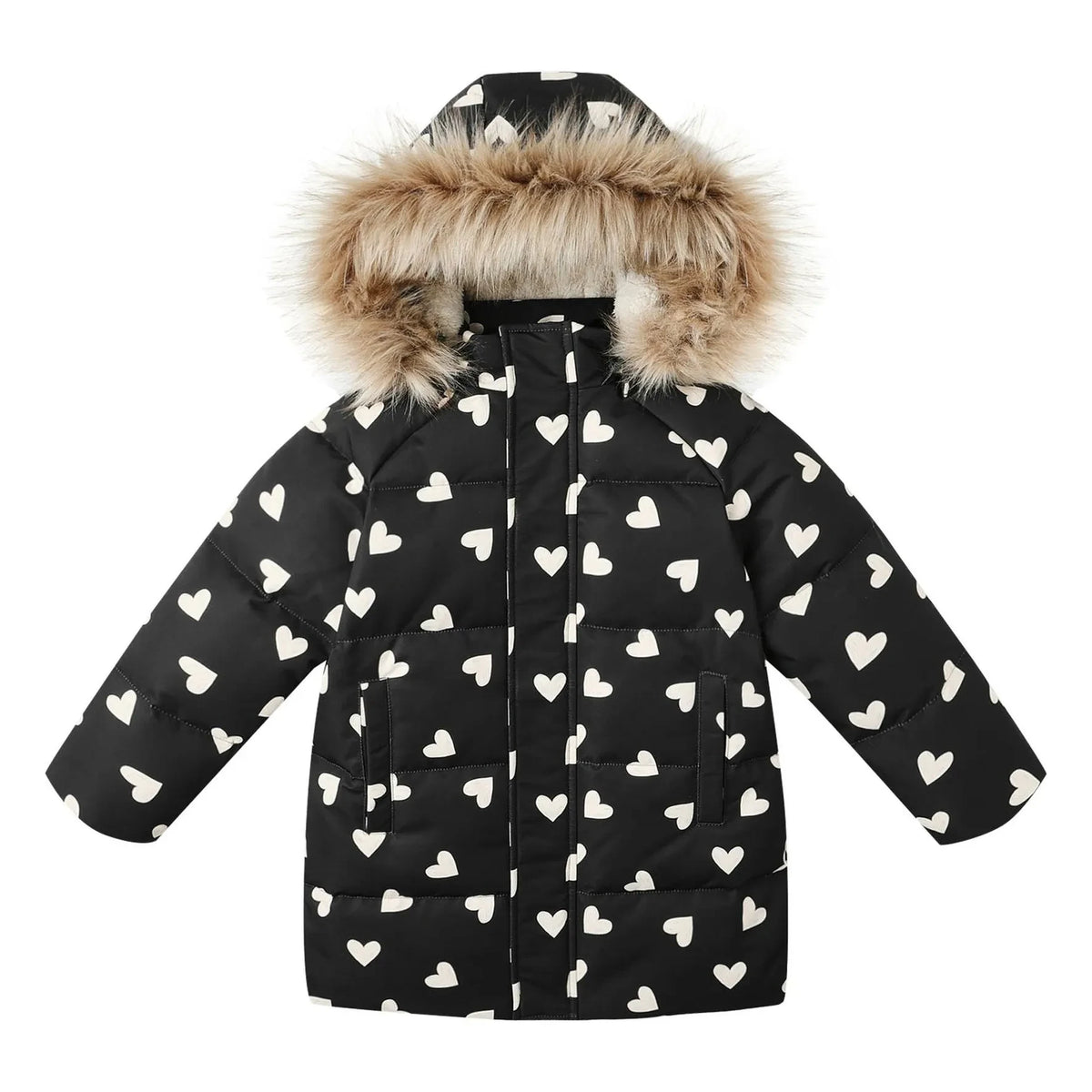 Rylee + Cru - Abrigo acolchado con estampado de corazón | Negro
