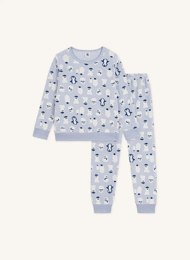 Petit Bateau - Pijama de terciopelo de algodón orgánico con muñeco de nieve | Gris azulado