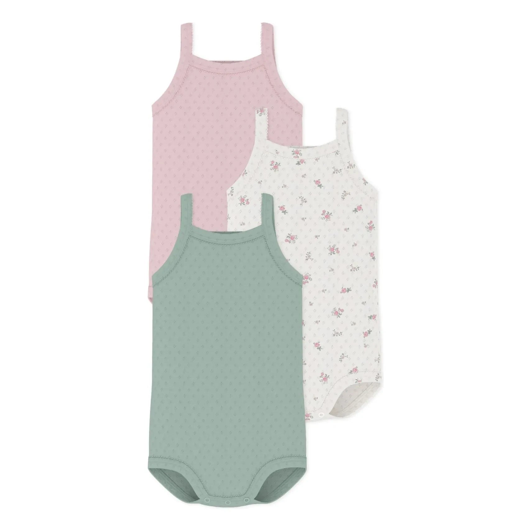 Petit Bateau - Conjunto de 3 Bodys sin Mangas de Algodón Orgánico con Calado y Estampado Floral | Rosa