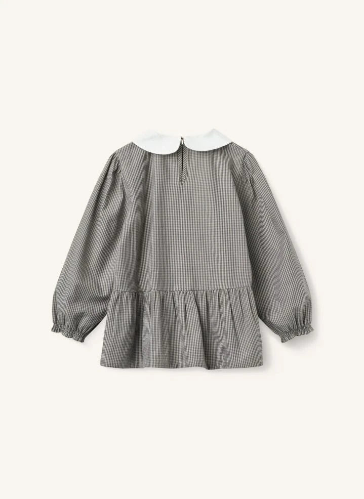 Copenhagen Colors - Blusa a cuadros de algodón orgánico con cuello Peter Pan bordado | Gris
