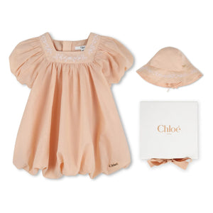 Chloé - Conjunto de vestido y gorro abullonado de algodón orgánico | Rosa claro