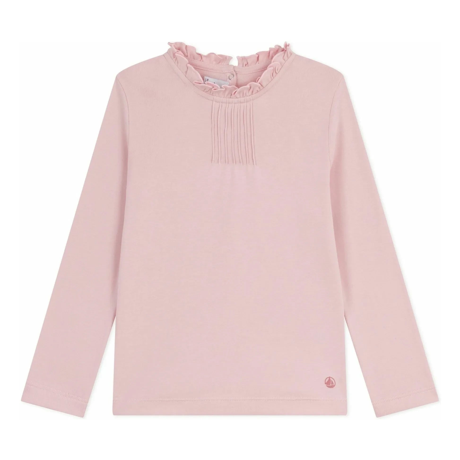 Petit Bateau - Camiseta lisa de algodón orgánico con cuello con volantes | Rosa claro