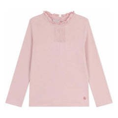 Petit Bateau - Camiseta lisa de algodón orgánico con cuello con volantes | Rosa claro