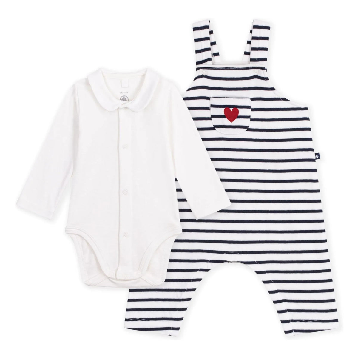 Petit Bateau - Conjunto de peto y body de algodón orgánico a rayas | Blanco