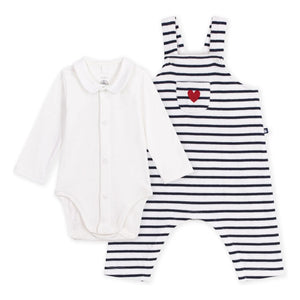 Petit Bateau - Organik pamuklu çizgili salopet ve body seti | Beyaz