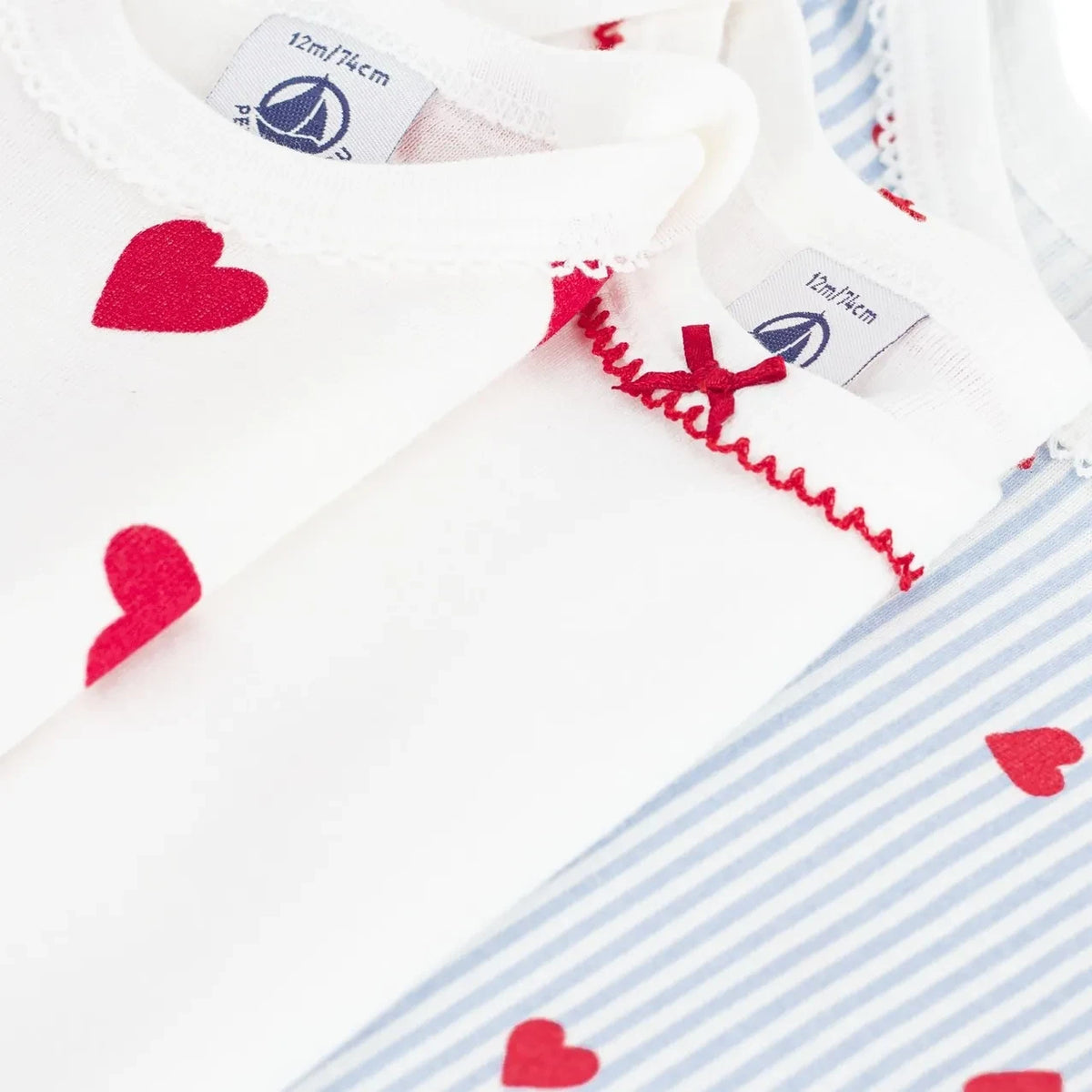 Petit Bateau - Conjunto de 3 Bodies de Algodón Orgánico con Corazones Anudados | Blanco