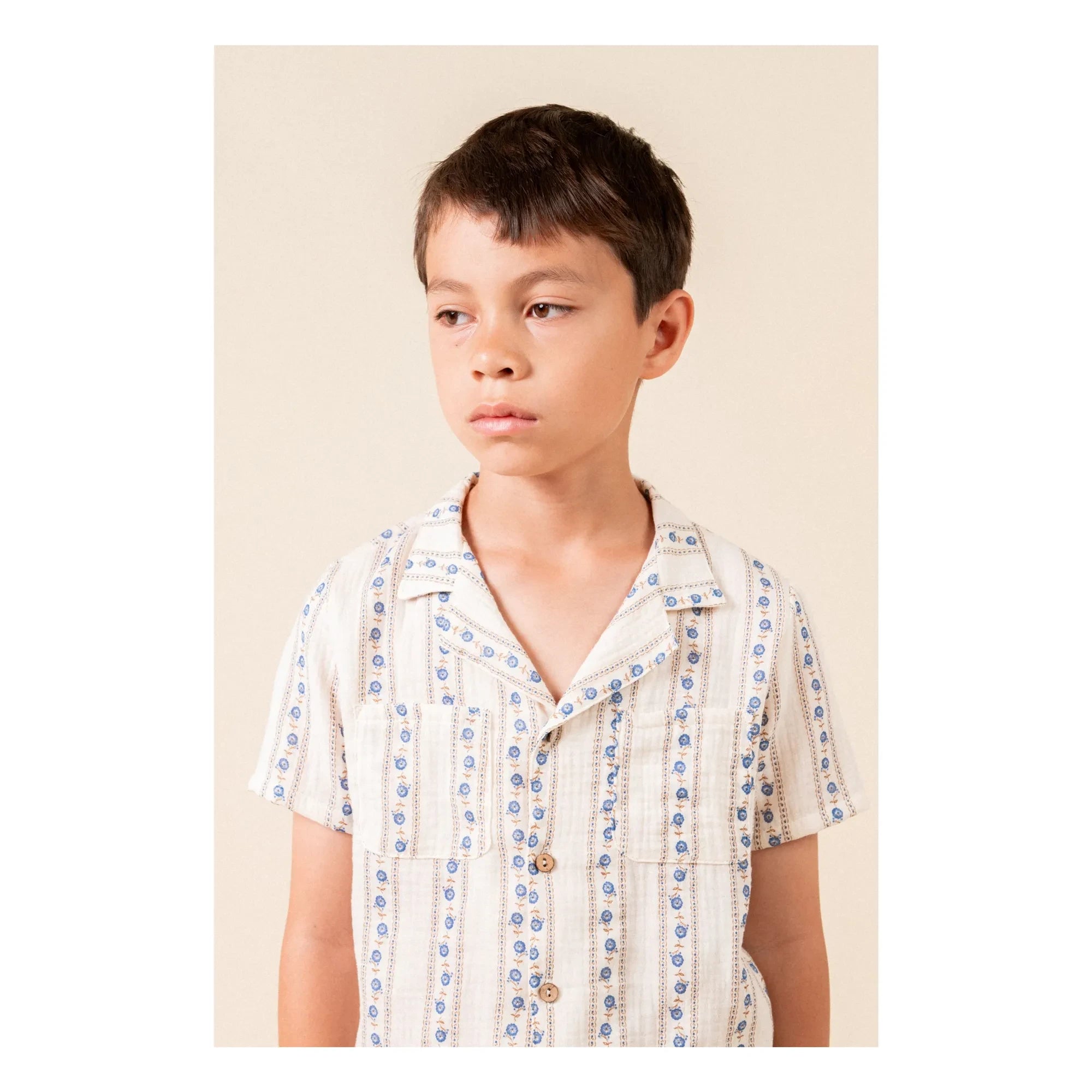 birinit - Camisa de algodón orgánico con bolsillo floral Sariñena | Marfil