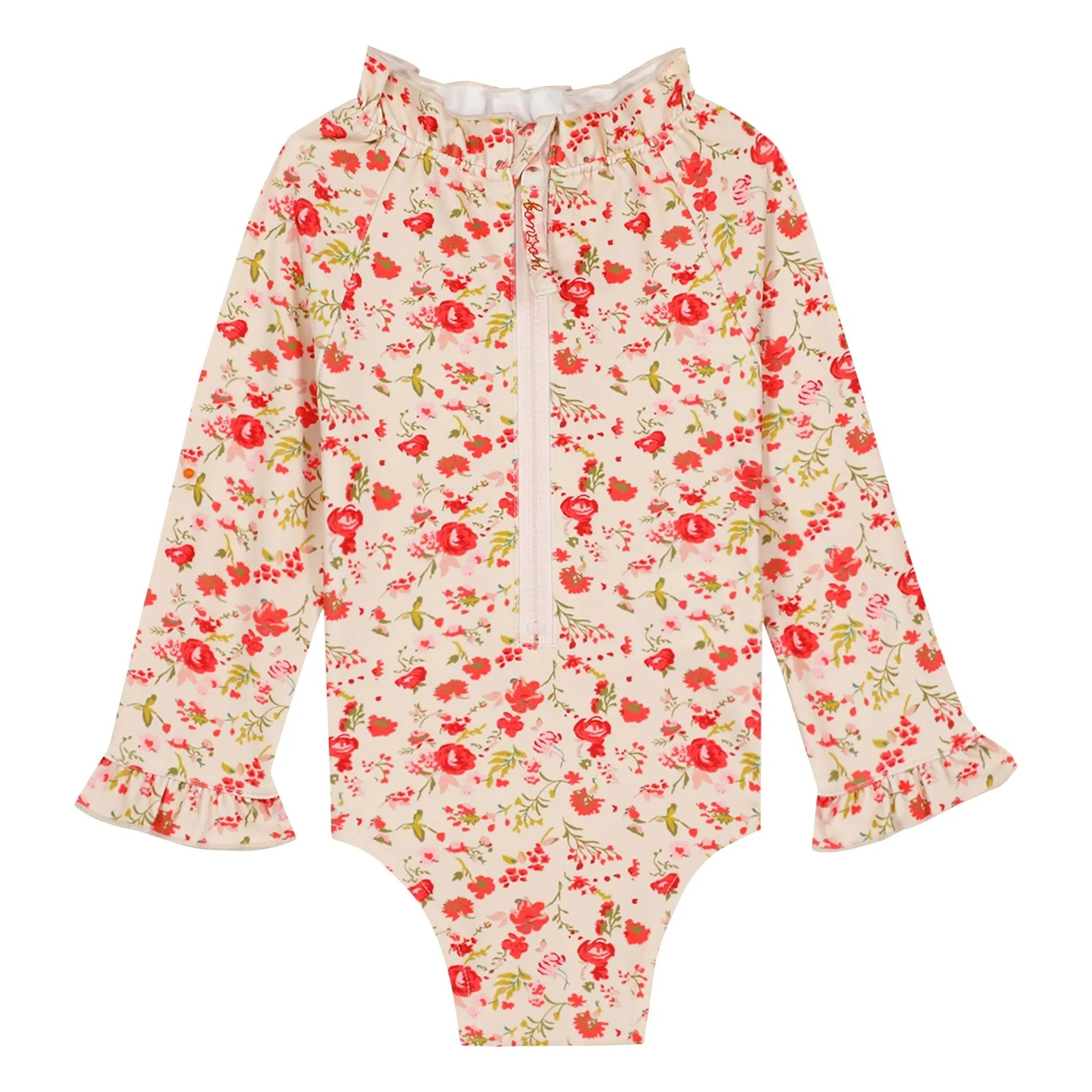 Bonton - Bañador de manga larga con cuello de volantes florales | Rojo