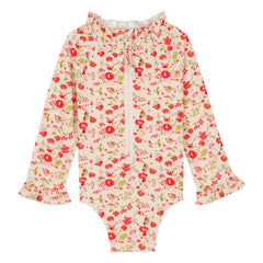Bonton - Bañador de manga larga con cuello de volantes florales | Rojo