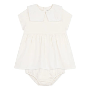 Petit Bateau - Conjunto de vestido con cuello marinero y braguita tipo bloomer en lino y algodón orgánico | Blanco