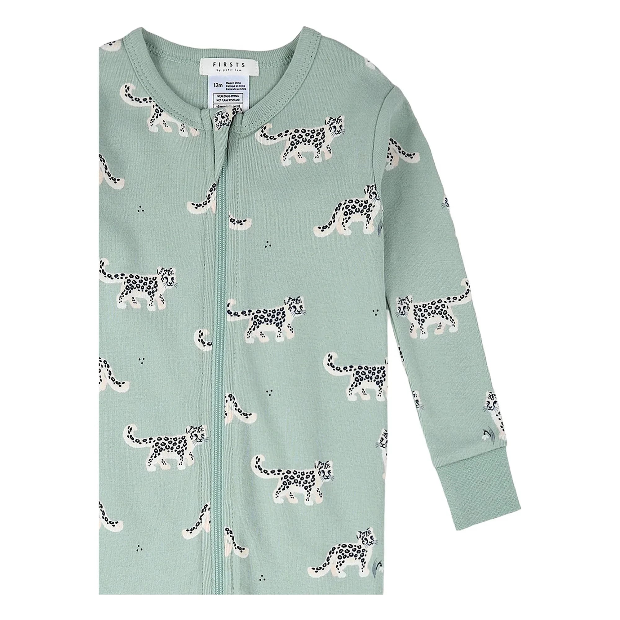 Petit Lem - Pijama convertible de algodón orgánico con estampado de leopardo | Verde almendra