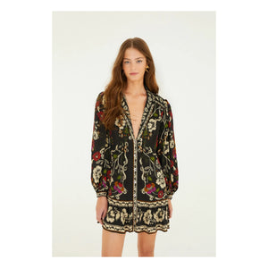Farm Rio - Vestido corto con estampado de flores rococó | Negro