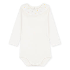 Petit Bateau - Organik Pamuk İşlemeli Yaka Body | Beyaz