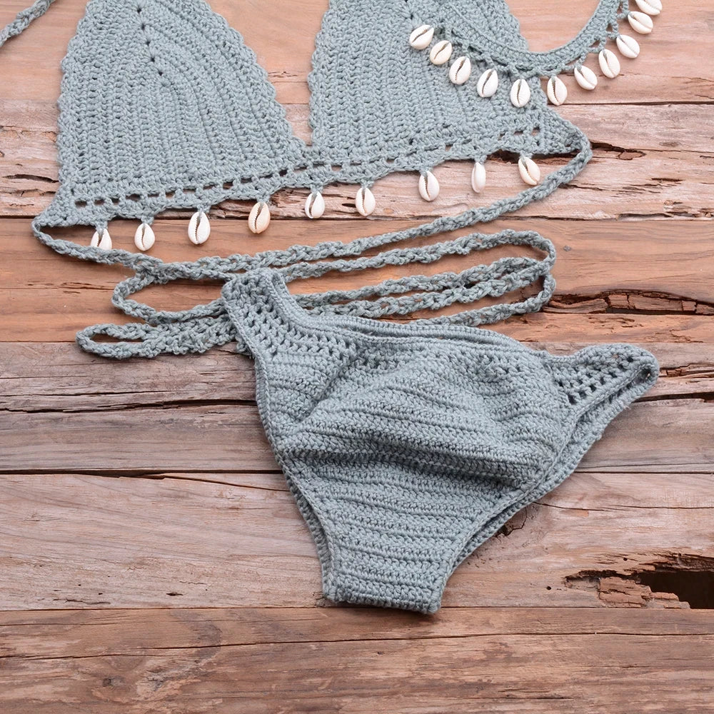 Jesminda - Örme Göl Yeşili Deniz Kabuğu Brezilya 3'lü Bikini Takımı