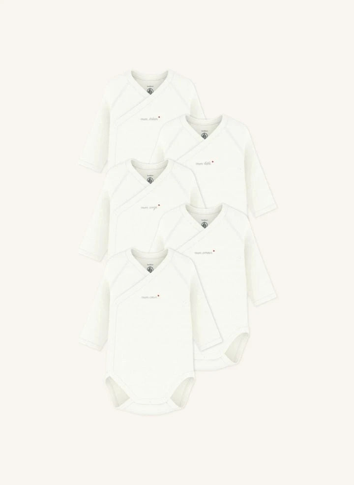 Petit Bateau - Set de 5 bodies cruzados Mon Coeur de algodón orgánico | Blanco
